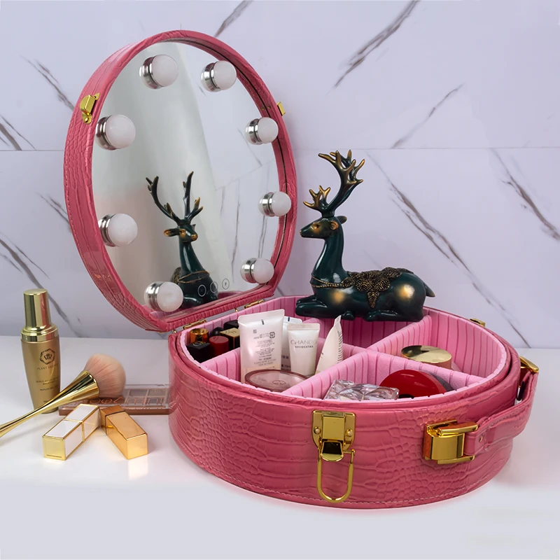 Tabletop Mirror Cosmetics Station Makeup Case with Dimmable LED Lights and Carrying handle