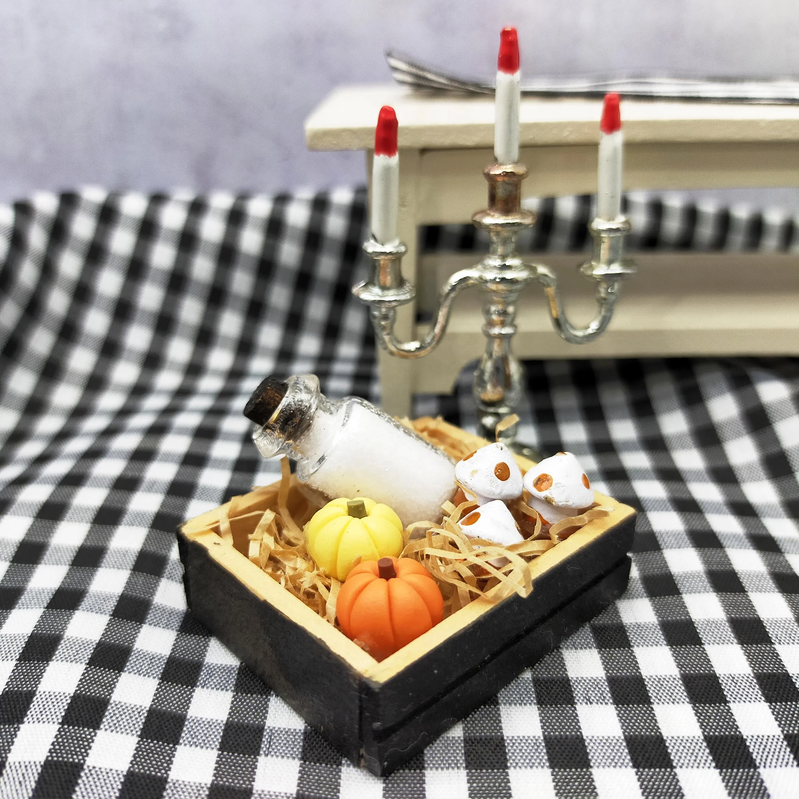 Miniature Dollhouse 1:12 Halloween Candle Holder Wooden Box with Pumpkin Glass Bottle