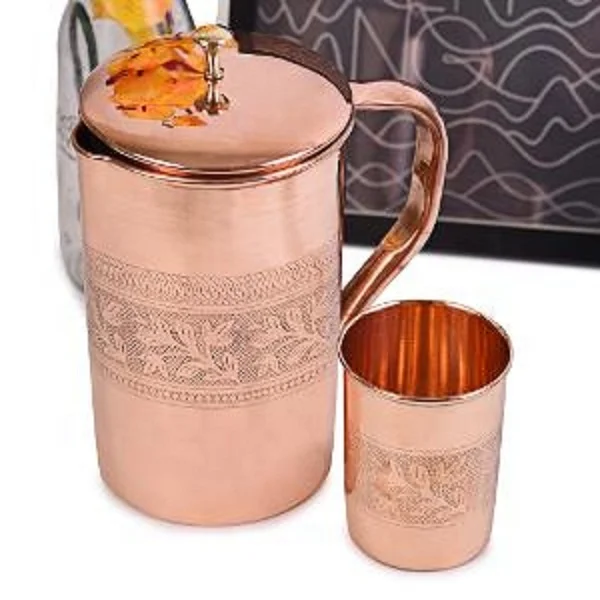 Modern Water Copper Jug With 4 Glasses Antique Water Pouring Pitcher With Handle Table Decorative Pure Copper Water Pitcher