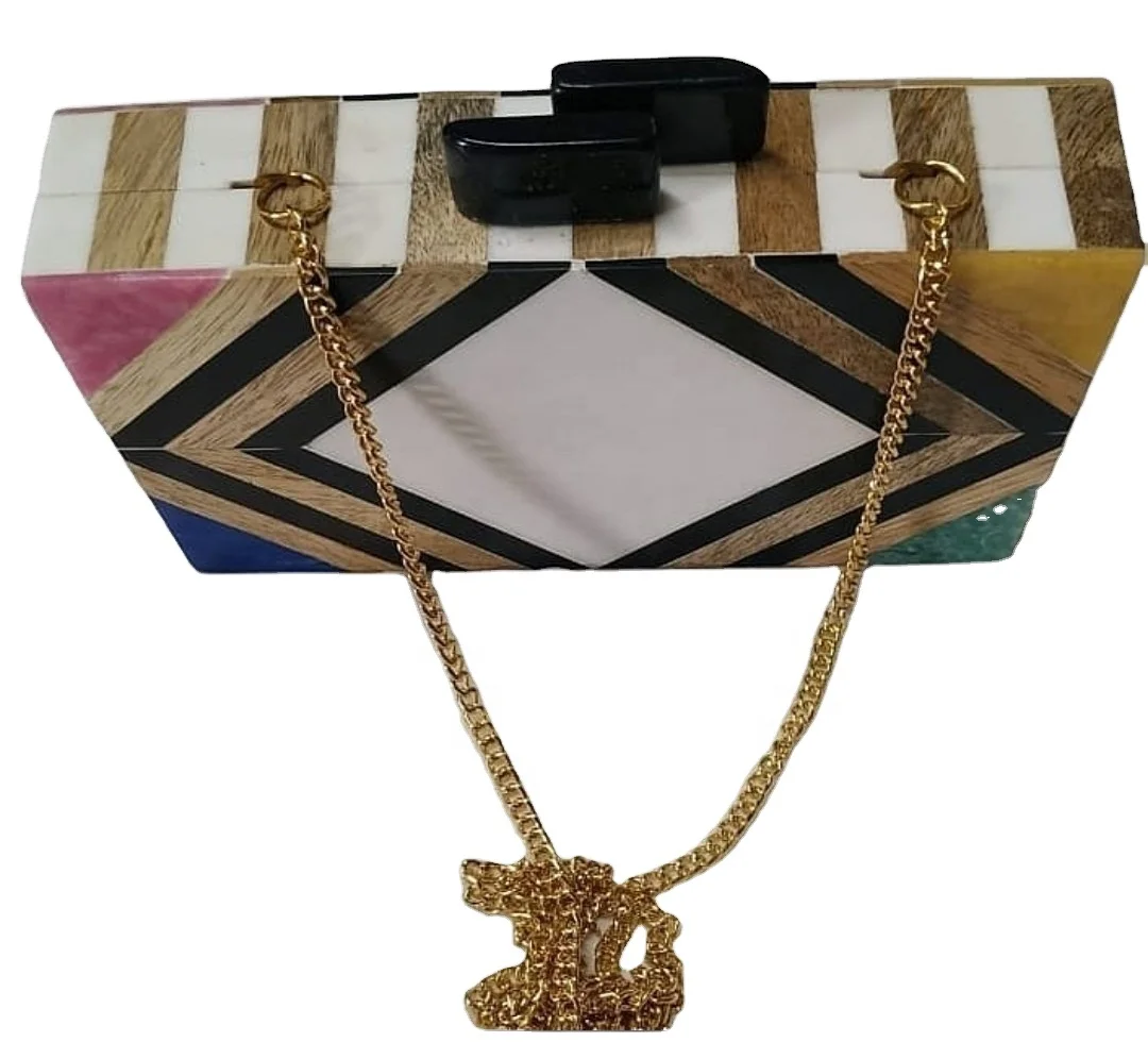 Luxury Clutch Handbag Handmade Wooden Resin Decorative Clutch Bag Golden Chain Wholesale Exports