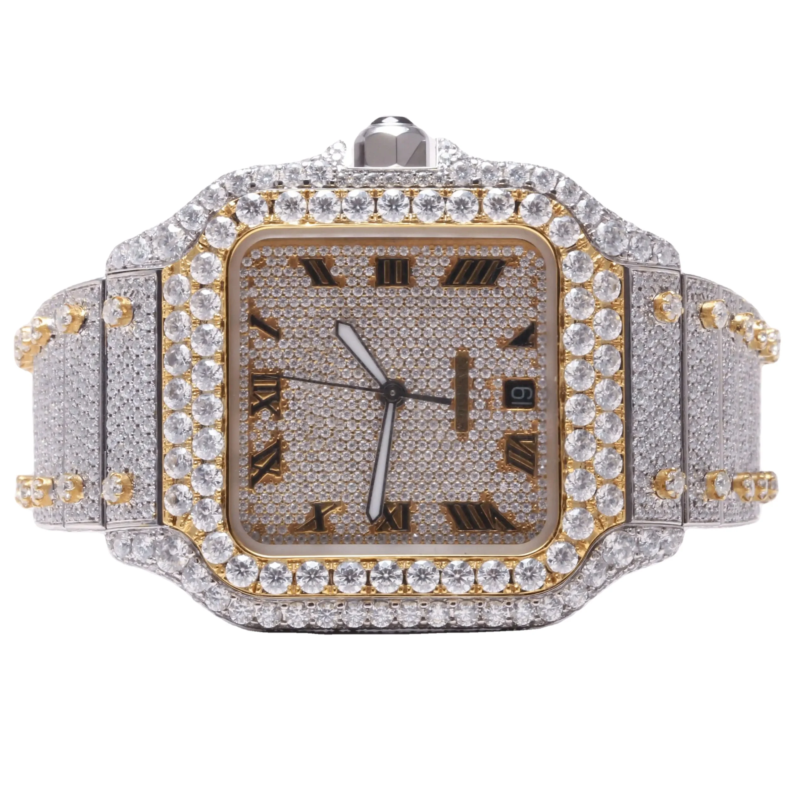 Iced Out Buss Down Stainless Steel Luxury Rappers Wrist Watch Hand Setting Pass Diamond Tester  VVS Moissanite Watch