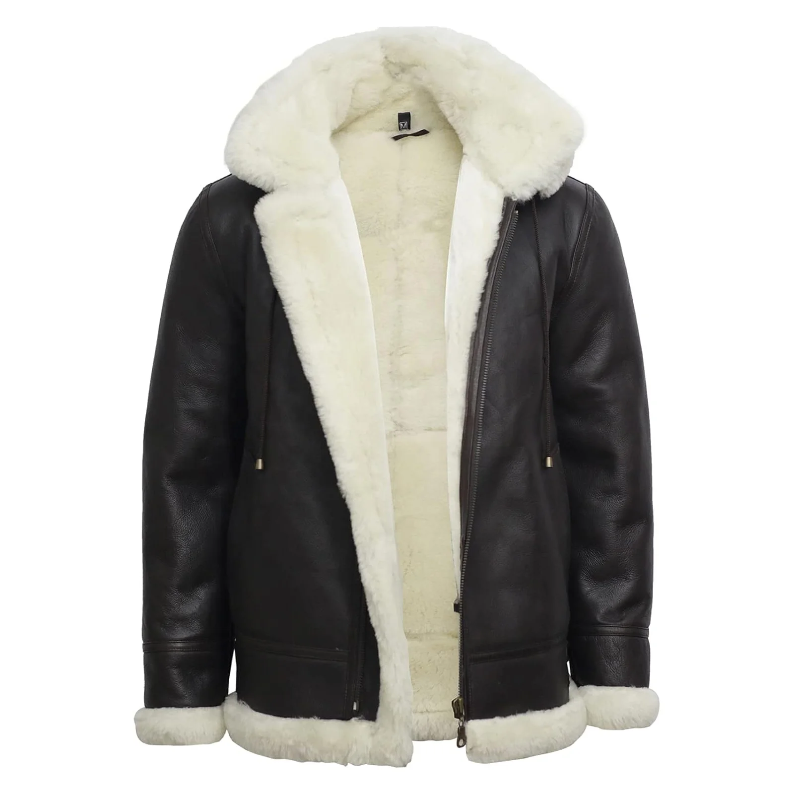 BRANDSLOCK Mens Aviator Flying Genuine Shearling Sheepskin Leather Bomber Hooded Jacket Brown White Sherpa Inner
