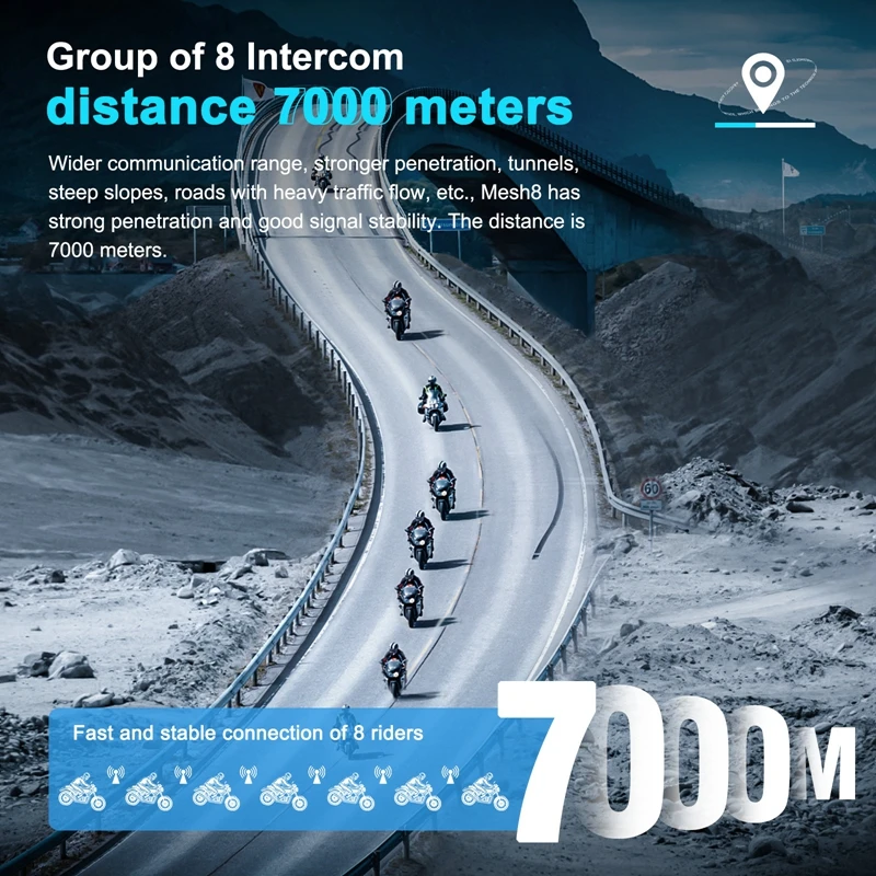 EJEAS MS8 7000M Waterproof Outdoor Bluetooth 5.1 Wireless 8 people Motorcycle Mesh Intercom