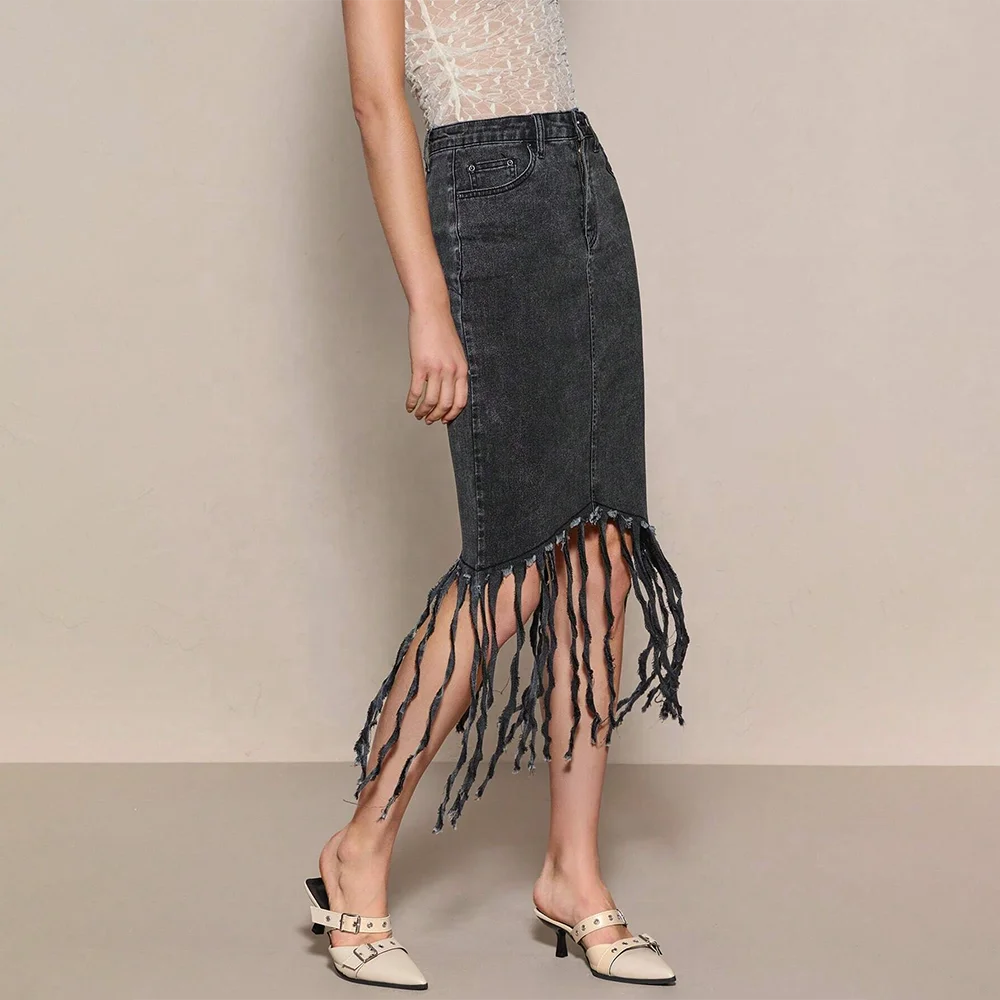 GDTEX custom denim tassel skirt women summer long jean skirts women jean skirts
