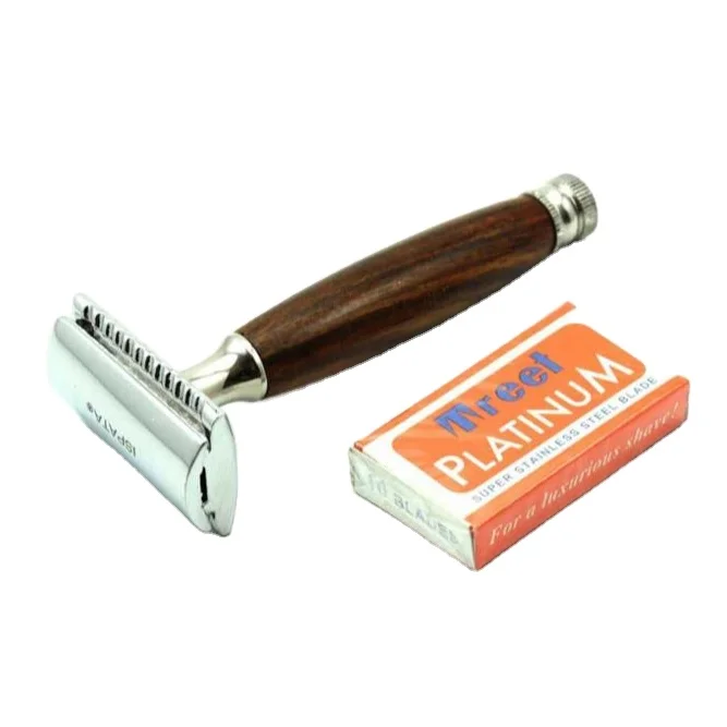 Beauty Tools Long Handled Double Edge Safety Razor, Men Safety Razor Double Edge Chocolate Wood Handle Stainless Steel CE