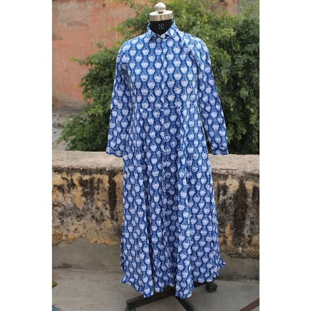 Indian Handmade Block Print Summer Dress With Pockets On Both Sides Long Kurti For Women