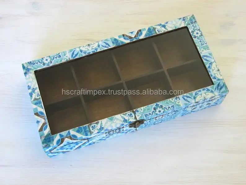 Деревянная чайная коробка премиум-класса с 8 отделениями органайзер для чайных пакетиков мозаикой со стеклянной крышкой и коробкой из МДФ.