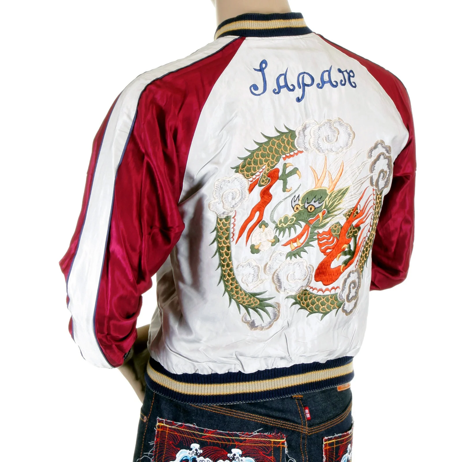 OEM Custom Varsity Silk Reversible Silver Souvenier Jacket with Hand Embroidered Dragon Bomber Jackets black body Plus Size