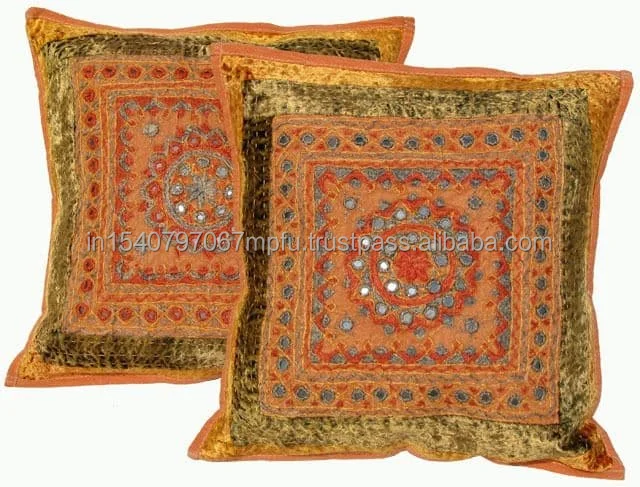 Handmade Embroidery Work With Mirror Silk Cushion Cover With Zipper Closer For Home Decoration Sofa Cushion Cover