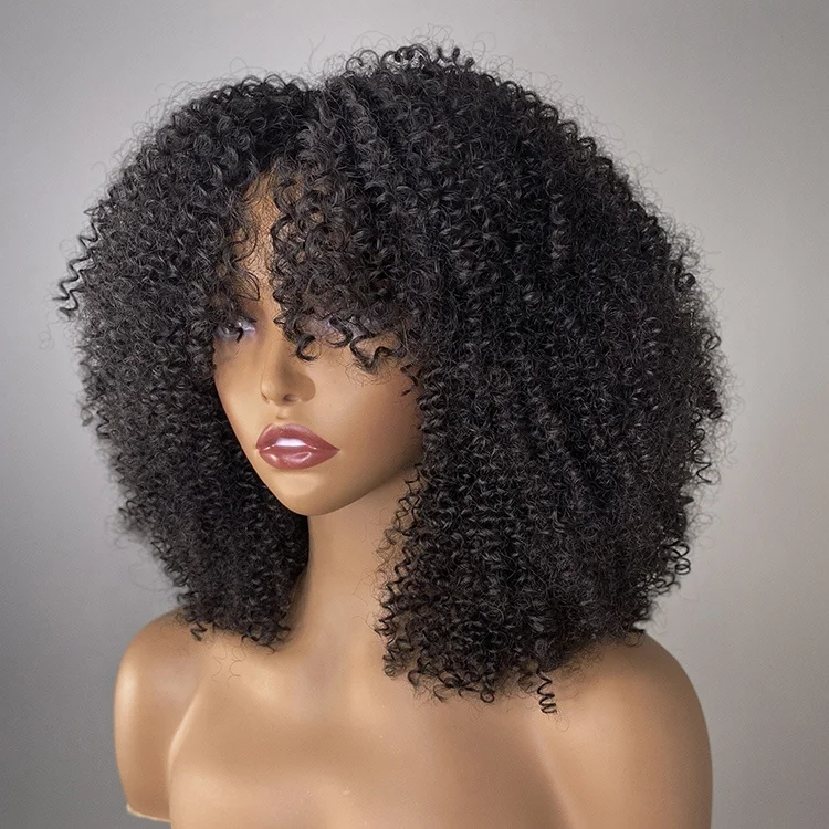 Kinky Curly Bob Wigs with Bangs for Black Women Virgin Human Hair Short Wigs High Density Machine Made Peruvian Hair Wig