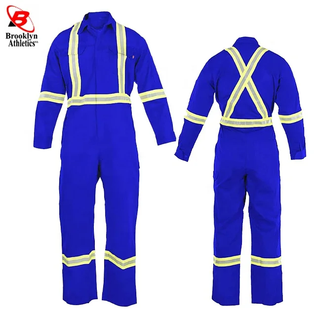Customized Logo High Visibility Reflective Cotton Safety Workwear Blue Overalls with Reflective Vest & Polyester Jacket