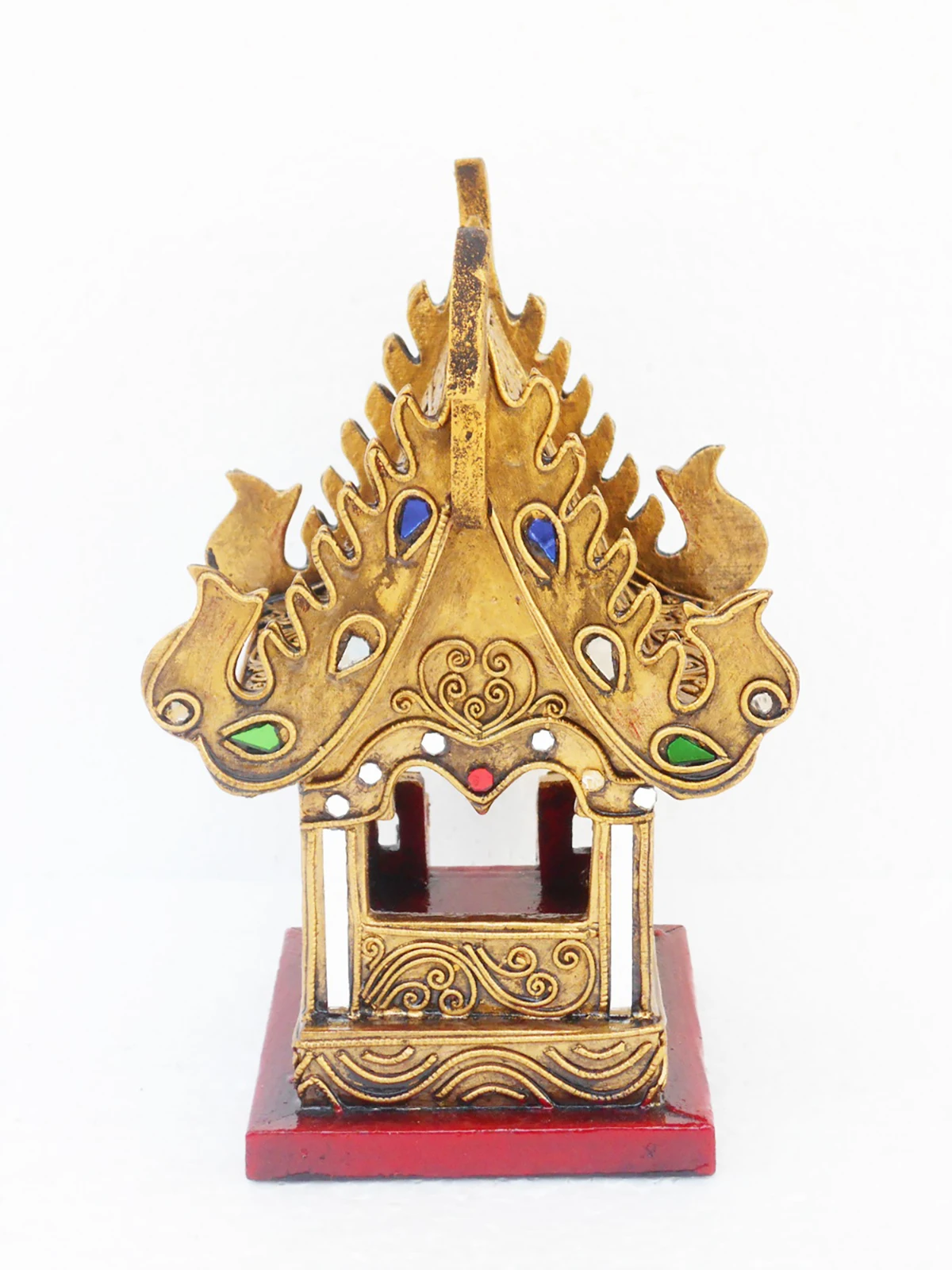 SanPraPhum Traditional Thai Style Spirit House Wood Carving in Brown Red and Glass Altar Shrine Size 22 cm for Home Decor