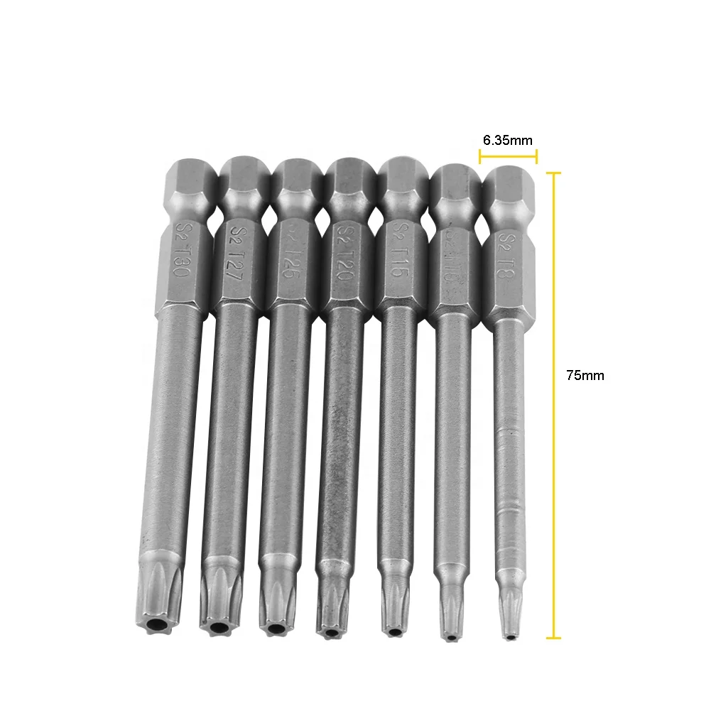 7pcs/set S2 Steel 75mm 1/4 Inch Hex Shank T 8-T30 Magnetic Security Star Screwdriver Bits