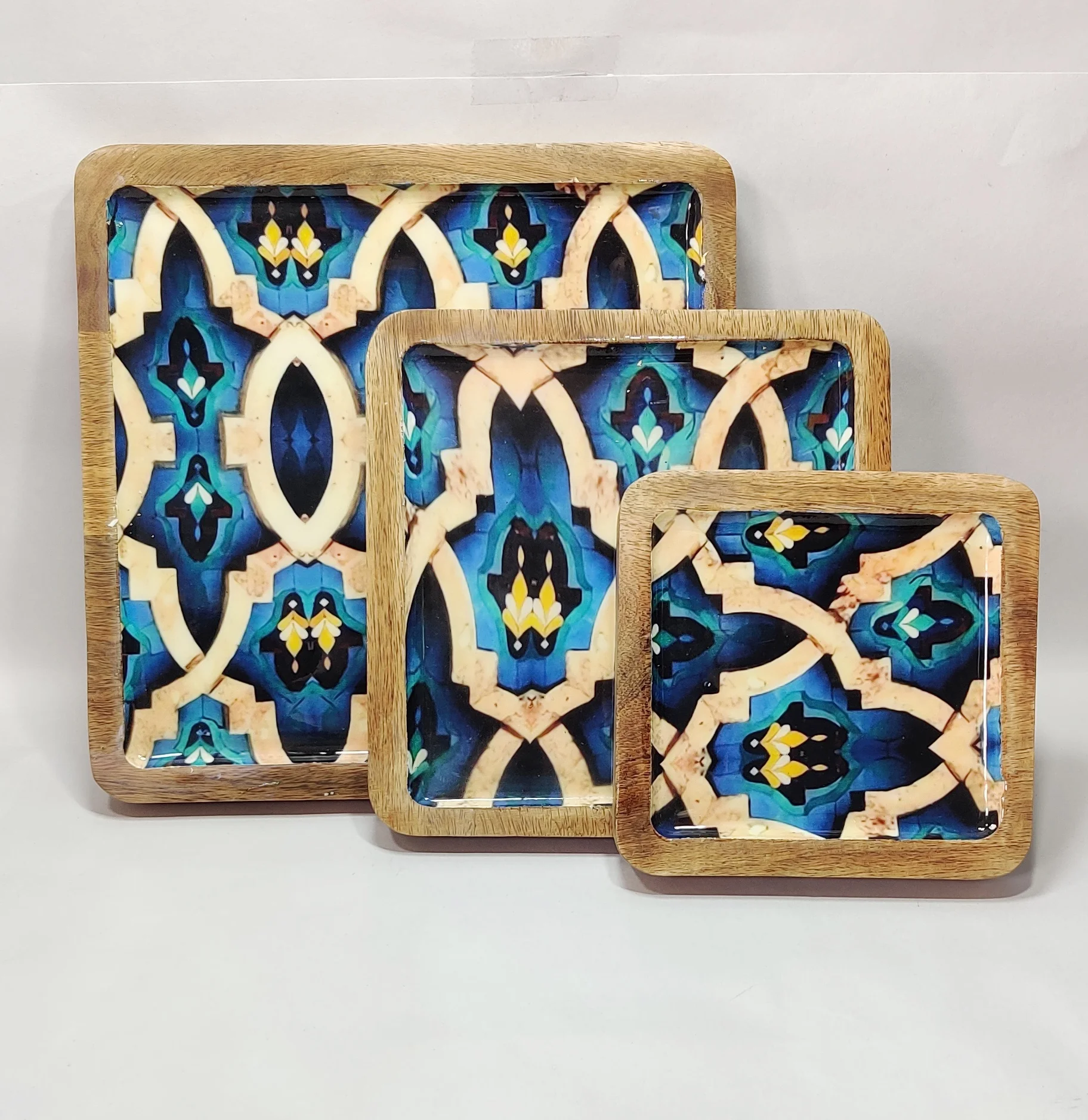 New look Solid Wood Dinner Plate Set Square Shape Customized Enamel Printed Food Grade Decorative Dessert Plates