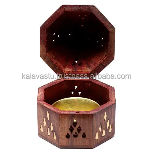 Eco Friendly Designer Decorative Brass inlay Wooden charcoal burner with brass bowl