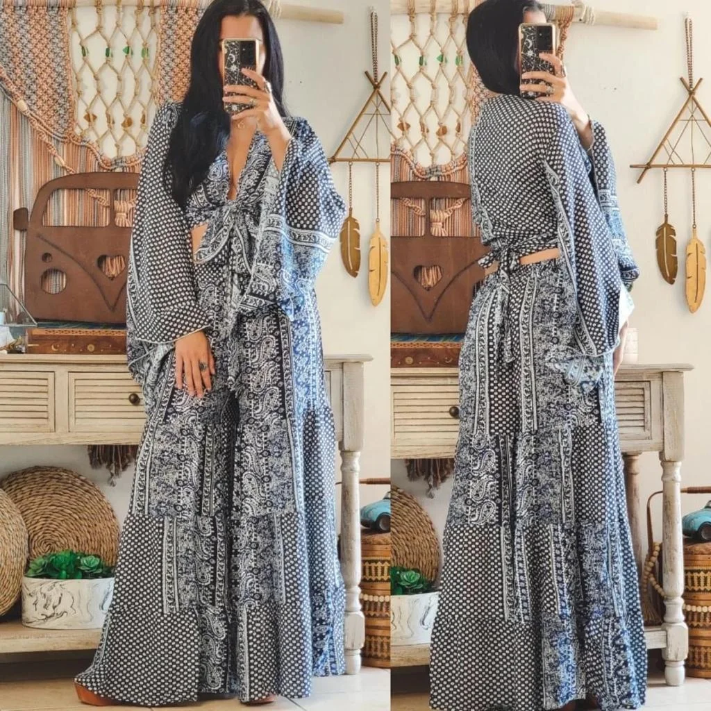 Hot Selling Ladies cotton printed pants with smocking elastic at waist with matching top set custom design