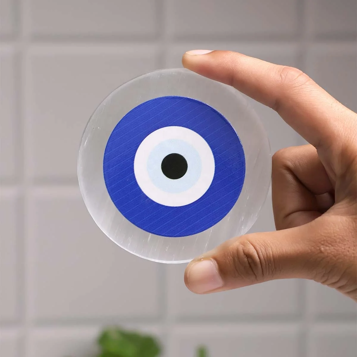 Selenite Evil Eye Coaster, Evil Eye Protection Coaster , selenite healing coaster  Christmas Decoration Feng Shui India Figurine