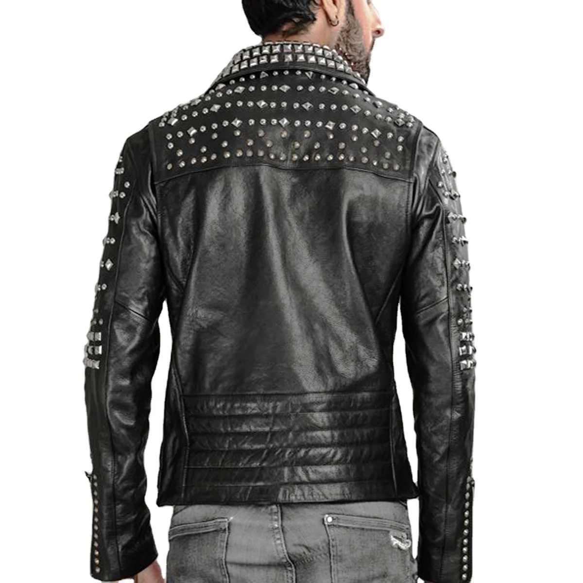 Men Silver Studded Long Spiked Jacket Leather Black Rock Punk Style Jacket Hollywood Jackets  - Albarr Pak