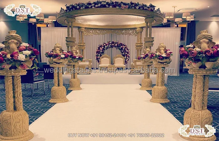 Best Traditional Indian Wedding Mandap Design with Arch Shape Square and Triple Pillars Trending Pipe and Drape Decorations