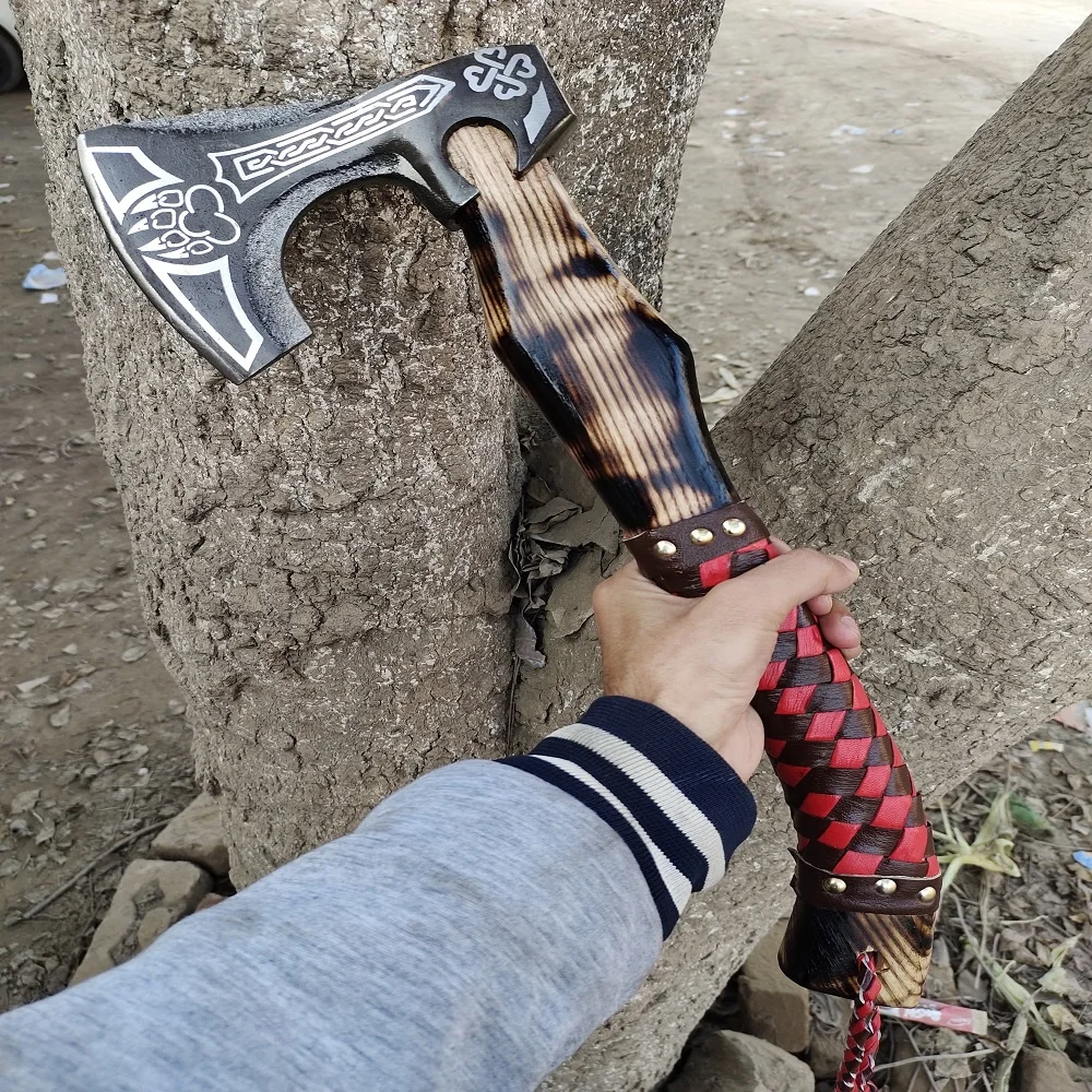 Топор ручного изготовления из 5160 стали с Гравированными ручками и кожаной обмоткой