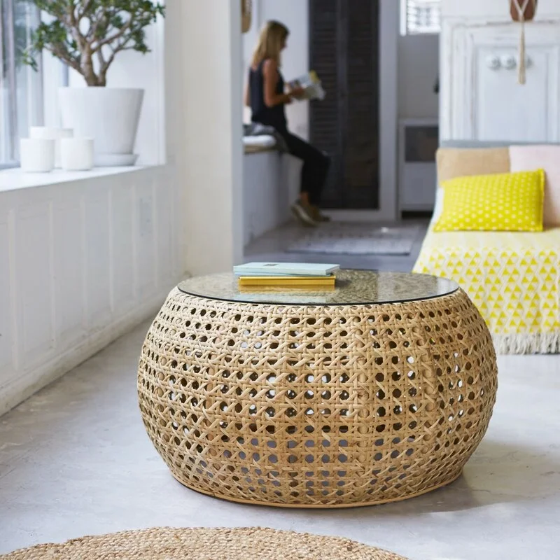 Webbing Rattan Coffee Table with Glass Top