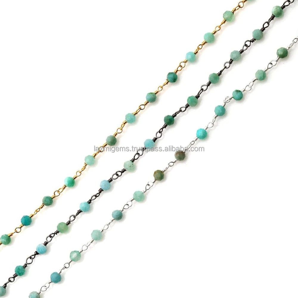 Indian wholesale handmade natural amazonite gemstone beads 925 sterling silver rosary chain