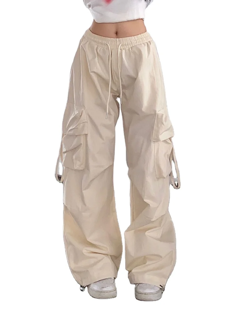 2024 Women korean baggy pants wide leg cargo pants casual solid beige fashion work trousers wholesale pants