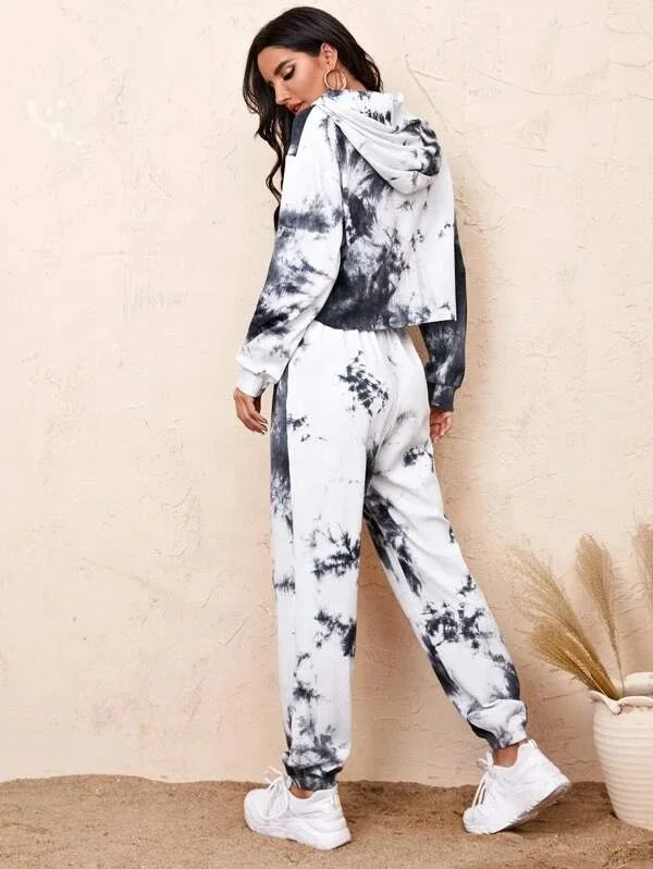 Wholesale Customized 2021 New Design High Quality Rib Knit Tie Dye Hoodie Women Tracksuit