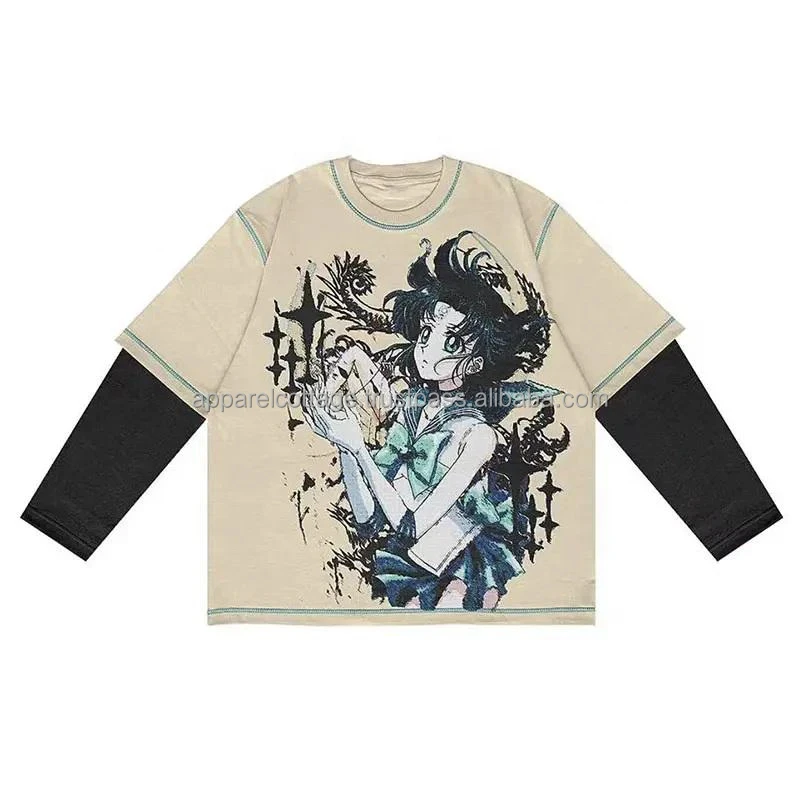 Wholesale premium quality 100%cotton jersey unisex double sleeves crew neck silk screen print t-shirt casual hip hop sweaters