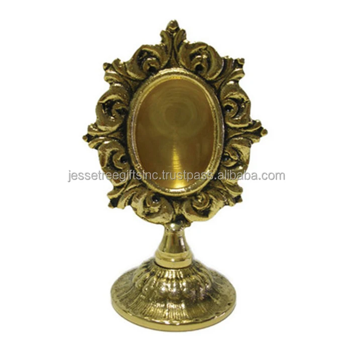 Metal Reliquary With Shiny Polish Finishing Bunch Of Grapes & Leaves Embossed Design Round Shape Cross On Top For Display