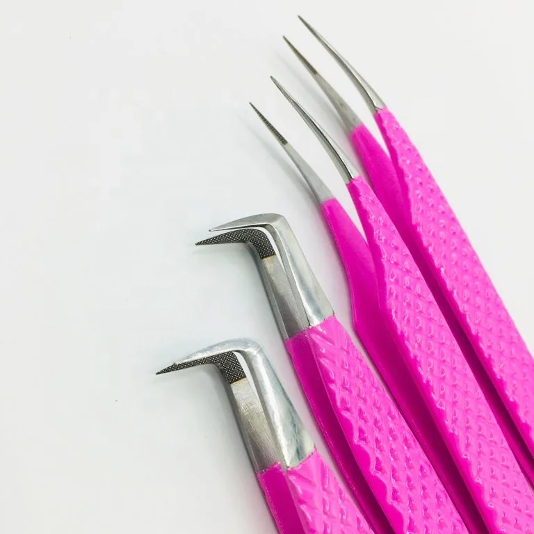 Eyelash Extension Tweezers Fiber Tip With Laser Marking Logo Pink Powder Coating Tweezers Eyelash Stainless Steel Tweezers