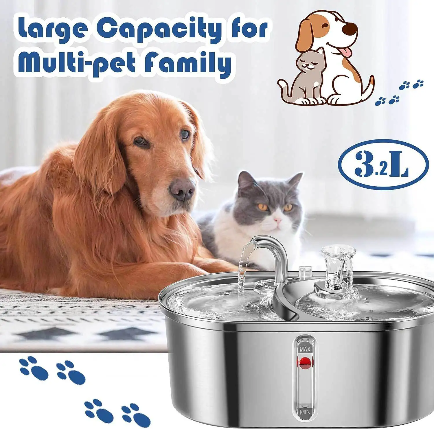 multi pets 2 in 1 two bowls water food stainless steel pet water fountain