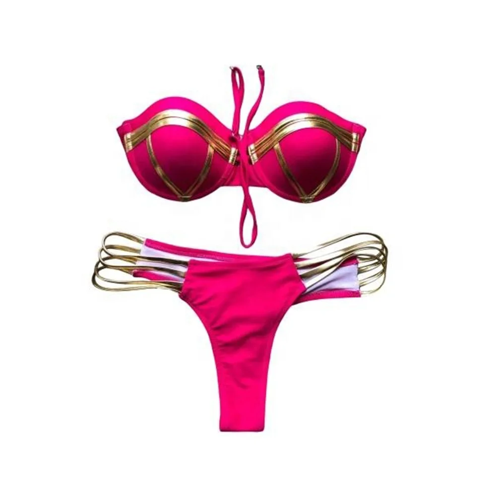 Women 1 Set Bikini Swimwear Super Soft Wear Resistant Nylon Bikini Bra Panties Set Solid Bathing Suit for Girl Pink Gold Bikini