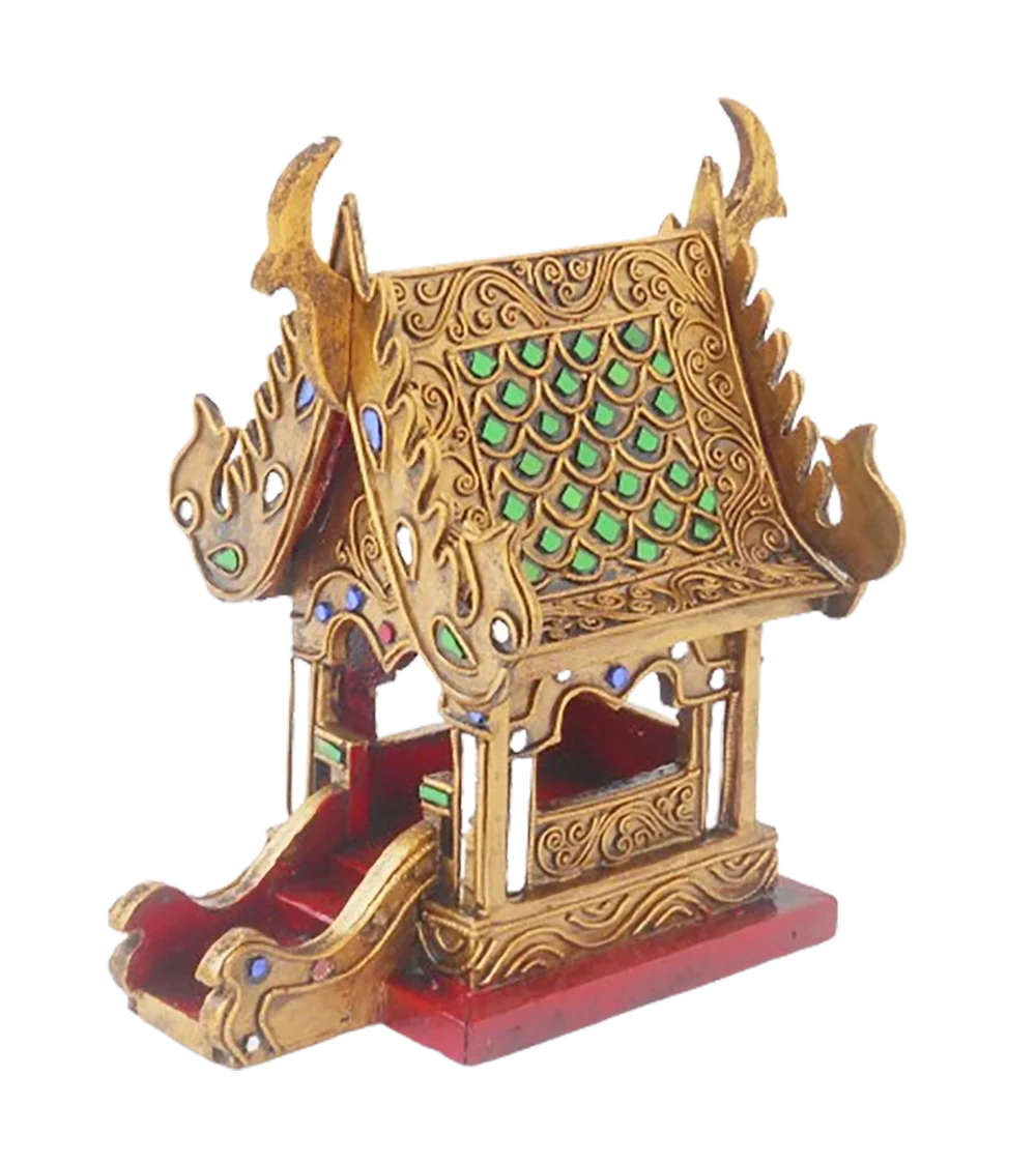 SanPraPhum Traditional Thai Style Spirit House Wood Carving in Brown Red and Glass Altar Shrine Size 22 cm for Home Decor