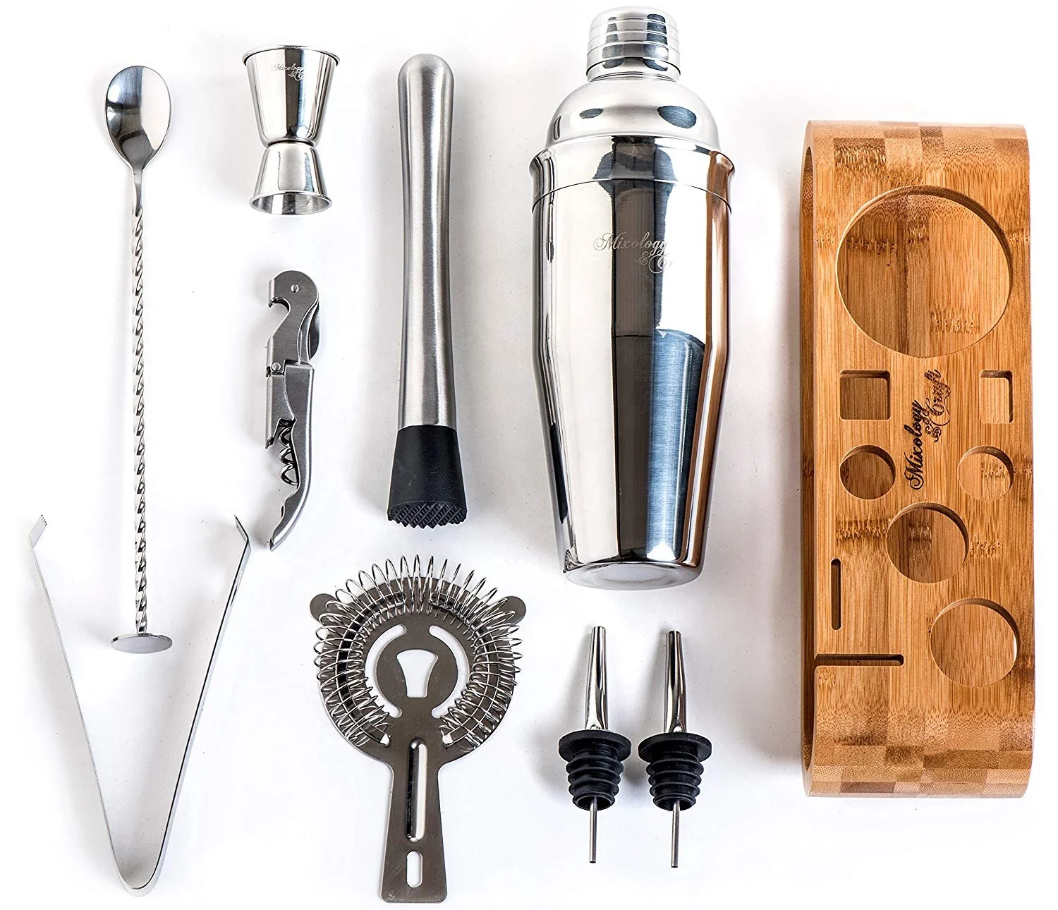 110 - 10-PIECE BAR SET COCKTAIL SHAKER SET WITH STYLISH WOODEN STAND