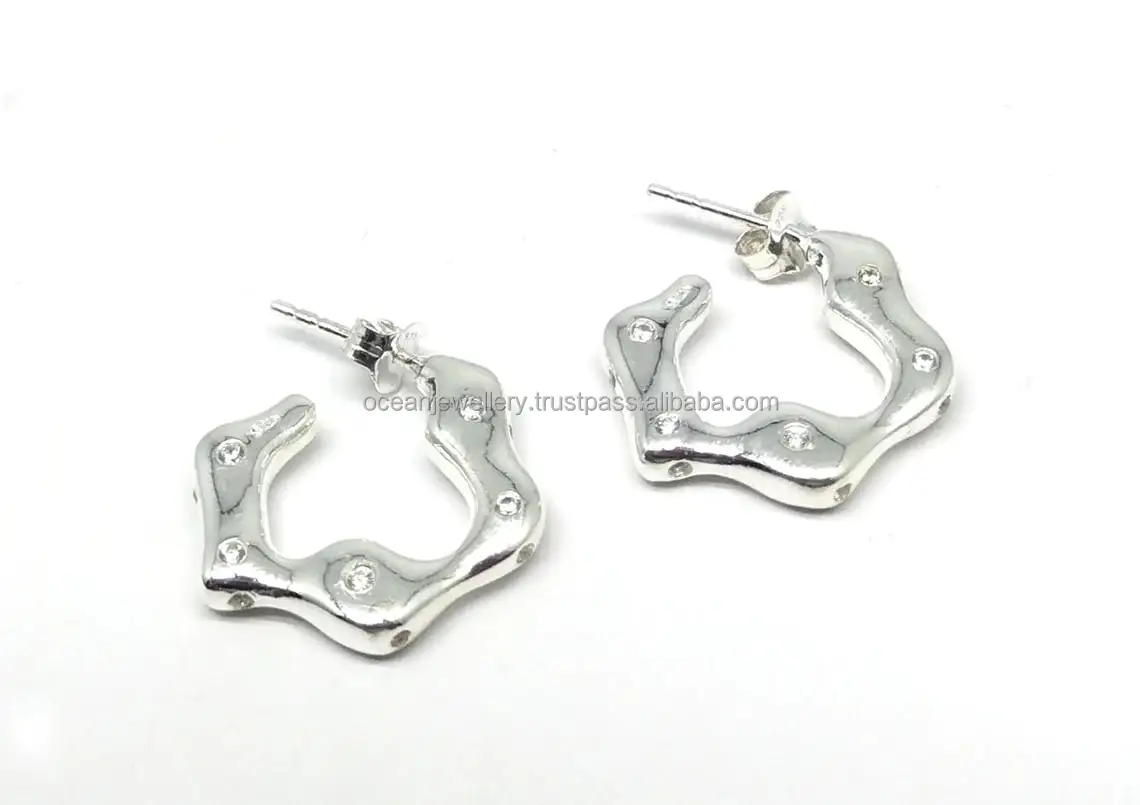 925 Sterling Silver Beryl CZ Earrings | Hoops Earring With Push Back |Geometric IZig Zag C Silver Earrings For Women