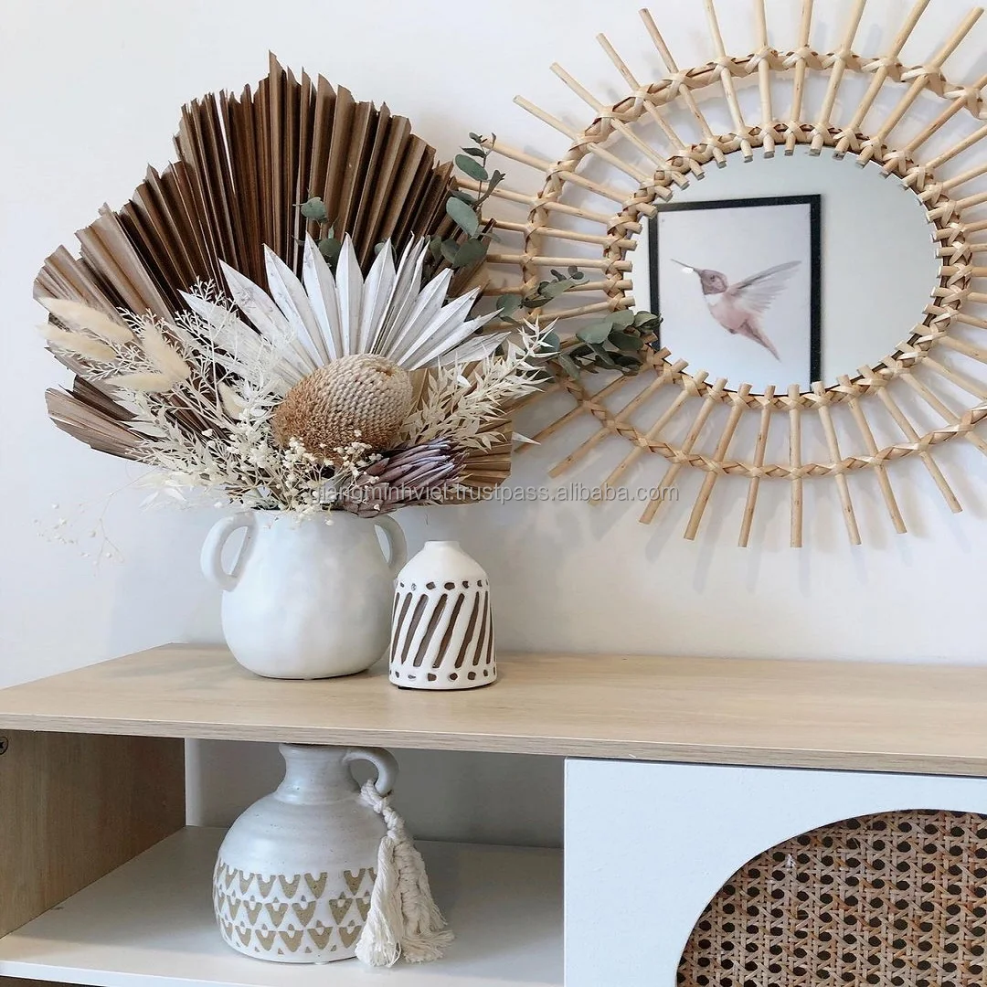 Home Decor Bamboo rattan furniture Handmade craft Vietnam Manufacture round woven wood wicker willow frame rattan wall mirror