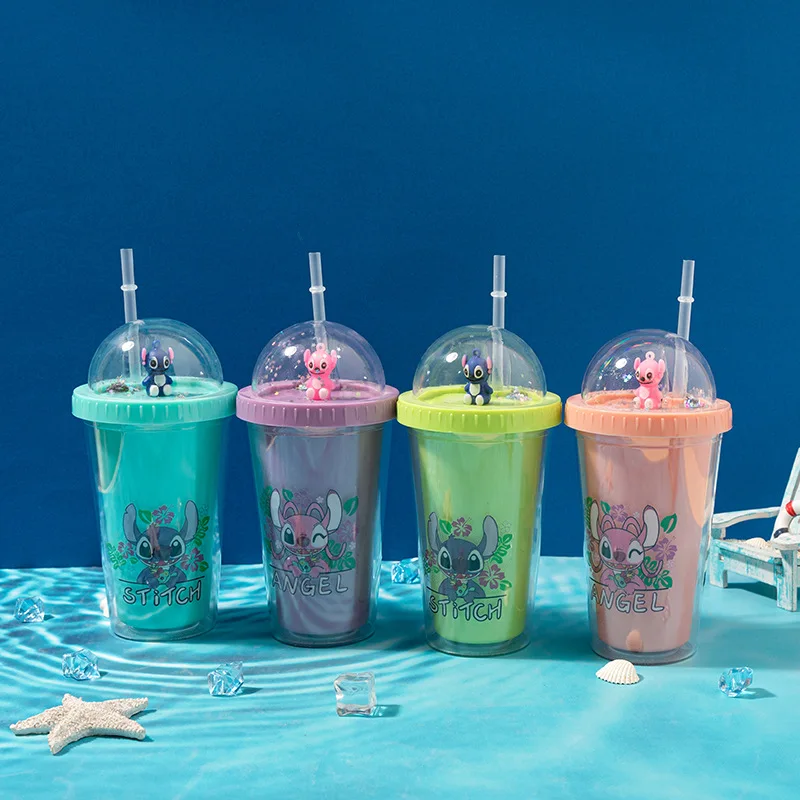 Stitch Kids Cute Cartoon 450ML large plastic travel water cup with straw plastic cups drinking cups