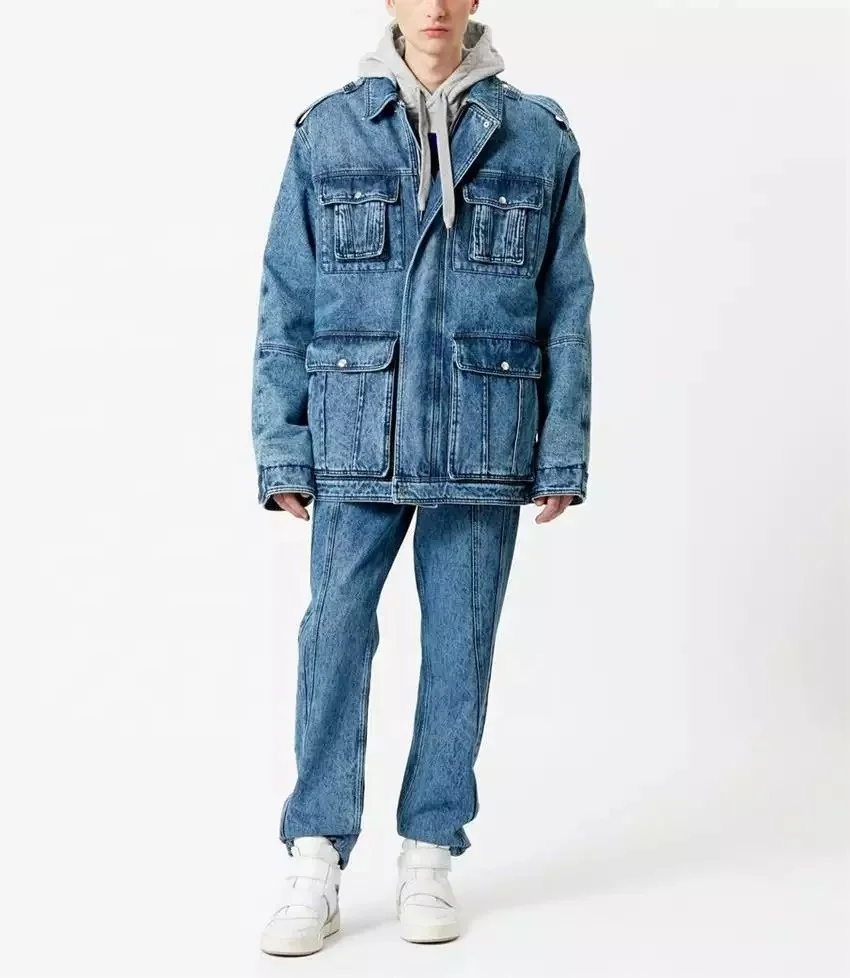 Custom light blue 100% cotton denim washed fleece lining winter jeans jackets men wholesale multi pocket front zip-up coat