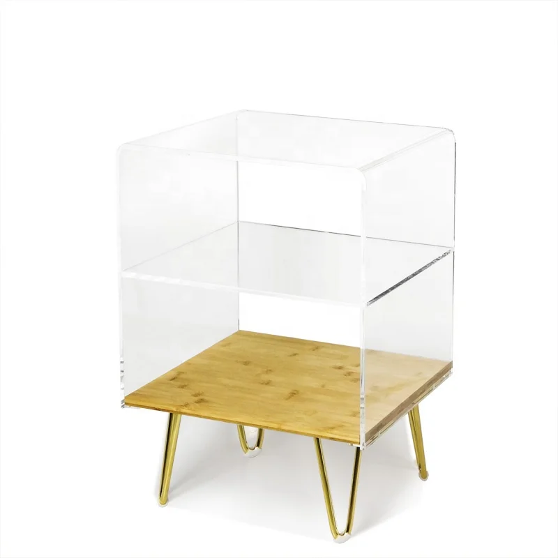 Clear Acrylic Side Table With Bamboo Partition Metal Foot