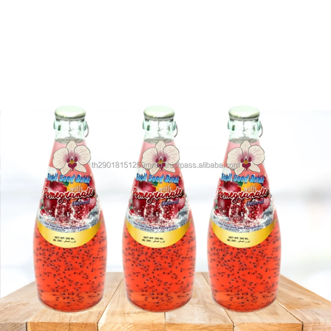 Sterilized  Basil seed and Chia Seed Drink with Fruits Flavors of Thailand Sterilization retort on glass bottle