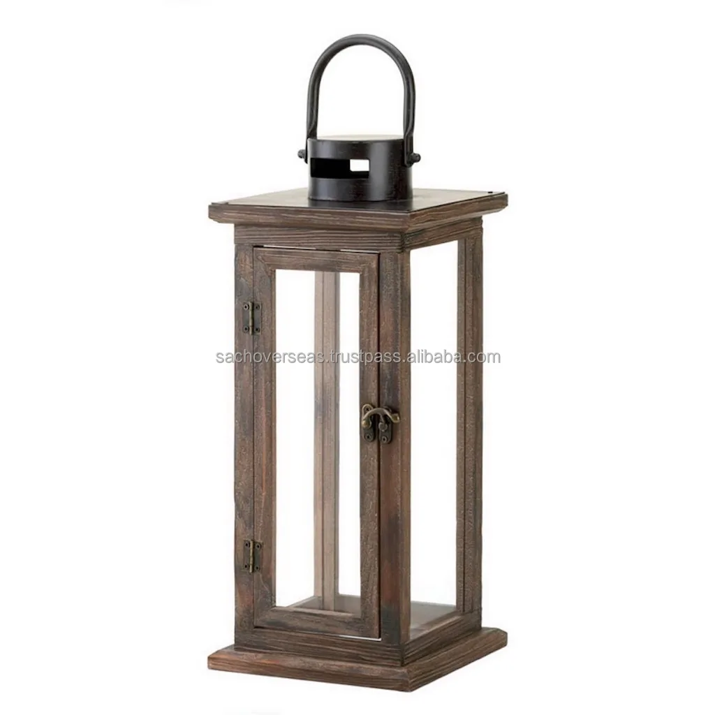 Exclusive Wood Candle Holder Lantern with Flat Black Metal Top