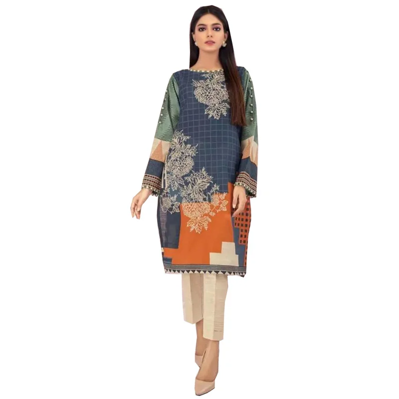 wholesale Pakistani Indian Style printed Suits 3 piece Stitched Printed Salwar Kemeez over Sequence Neckline and Chiffon Dupatta