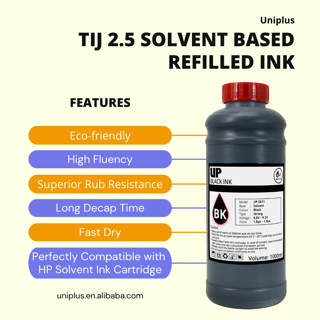 Uniplus Fast Dry Solvent Based Black Ink 1000ml For B3F58A / B3F58B / F0L89B / F0L91A TIJ2.5 Cartridge