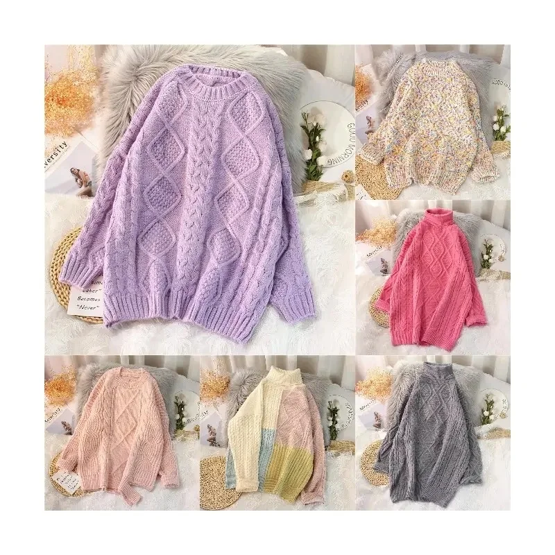 Korean sweater super large knitted pullover cross elegant bow sweater loose solid color fashion winter sweater women