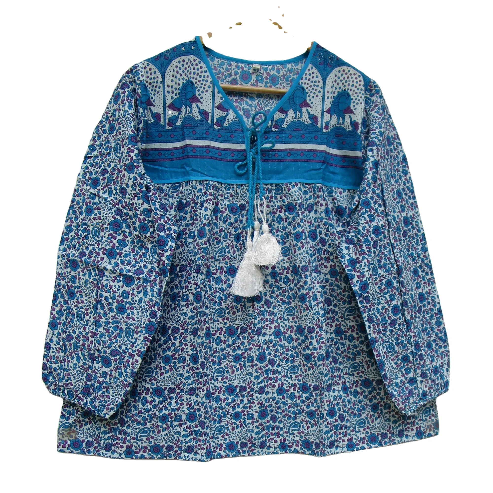 Blue and purple floral Indian printed cotton women blouse and tops - bohemian style blouse