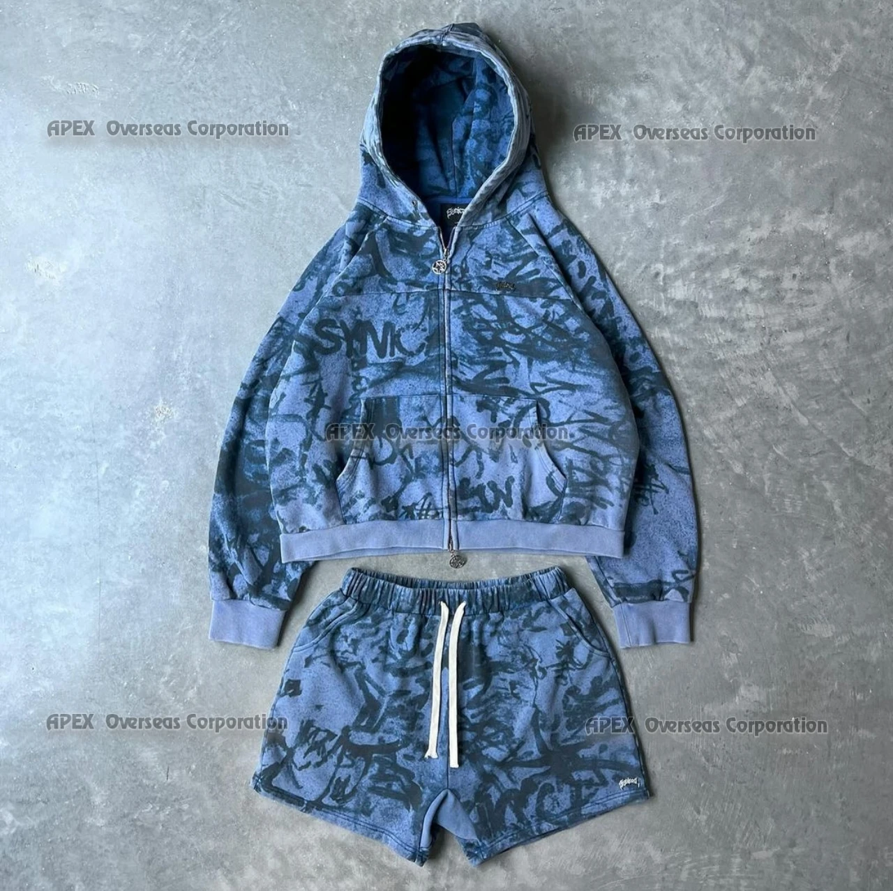 Manufacturers Full Zip Stone Wash Hoodie and Short Sets Men Blank Acid Washed Zip Up Hoodie with Own  Custom Logo