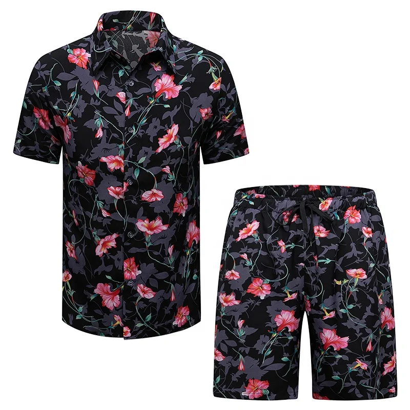 2022 New Design Shirt Printing Men 100%Polyester Custom Beach Wear Casual Hawaiian Men Beach Suit Set
