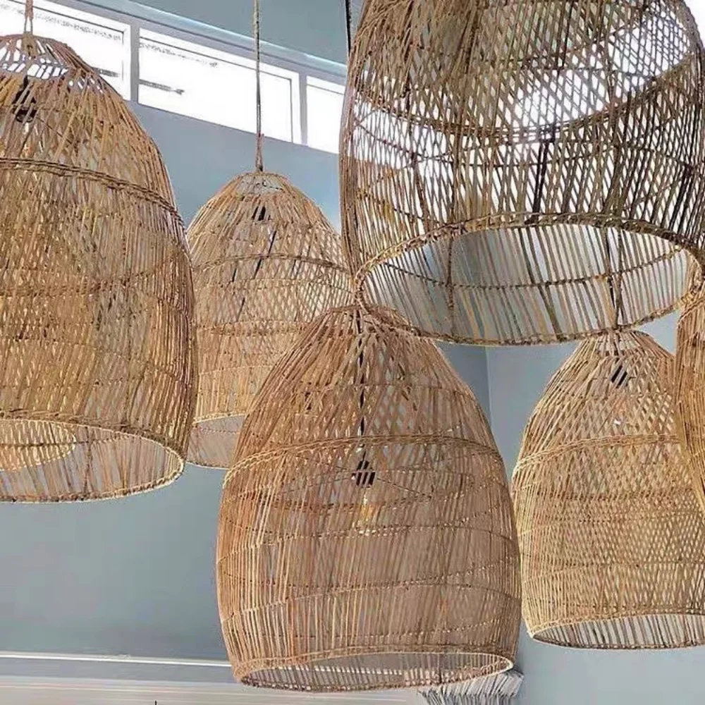 Handmade Modern Boho Rattan Bamboo Lampshade Eco-Friendly Option Antique Floor Lamps Ceiling Lights Japanese Chinese Linear