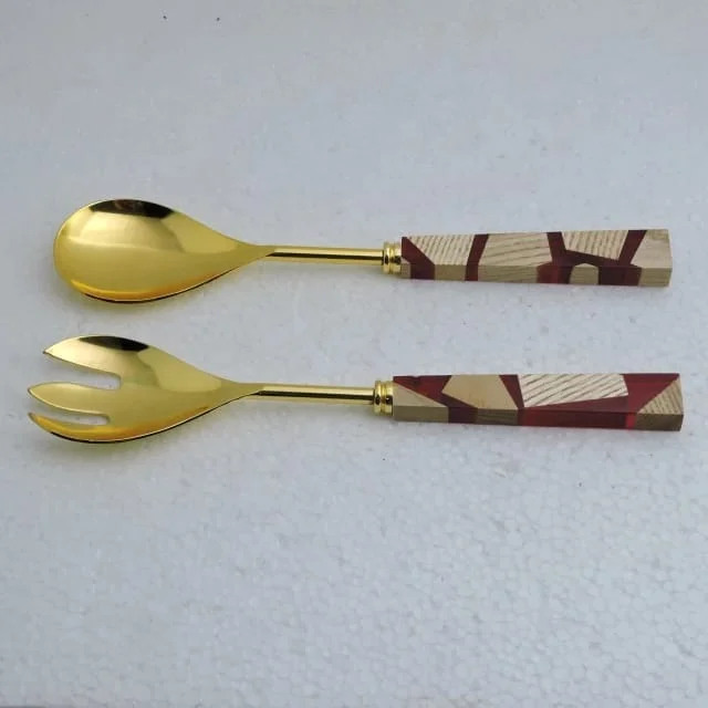 Wholesale Unique Style Silver Salad Server Set With Wood And Pink Epoxy Resin Handle Pasta Monsters And Salad Servers